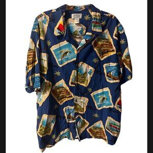 Kole kole Hawaiian Shirt Mens Big Tall 3XL Camp Button Front Blue Postcard Vtg